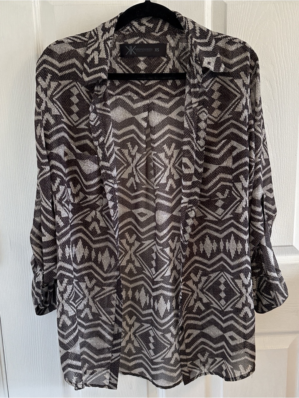 Kardashian Kollection Sheer Geometric Print Button Down Shirt XS Gray Black Mesh